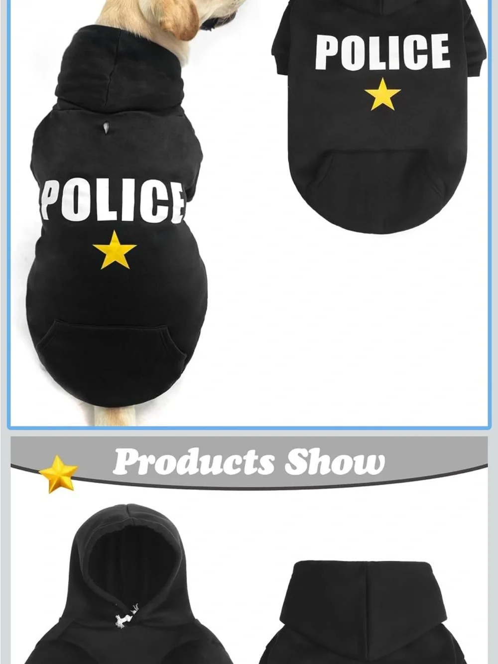 Black 'POLICE' Hooded Dog Sweatshirt with Yellow Star